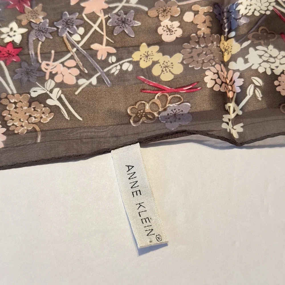 Floral Silk Square‎ Scarf Brown Red Sheer Printed in Korea Vintage 90s Y2K